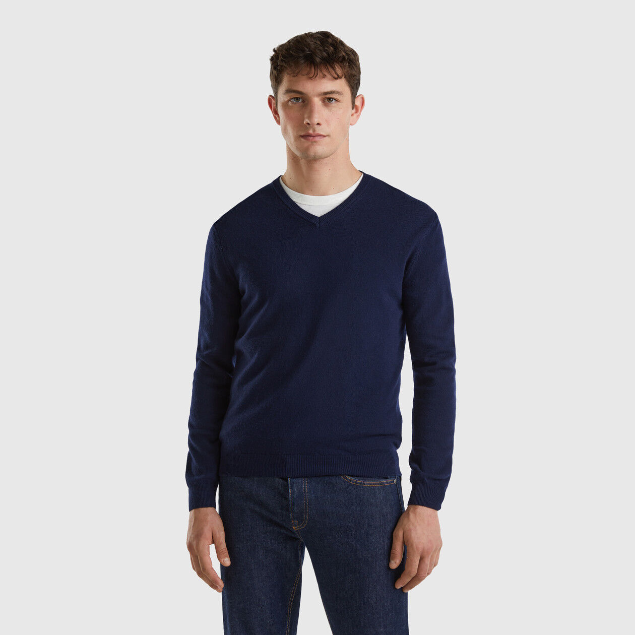 Dark blue V neck sweater in pure Merino wool Dark Blue Benetton