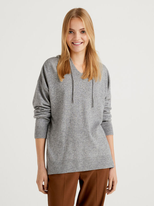 Gray sweater in cashmere blend with hood Women