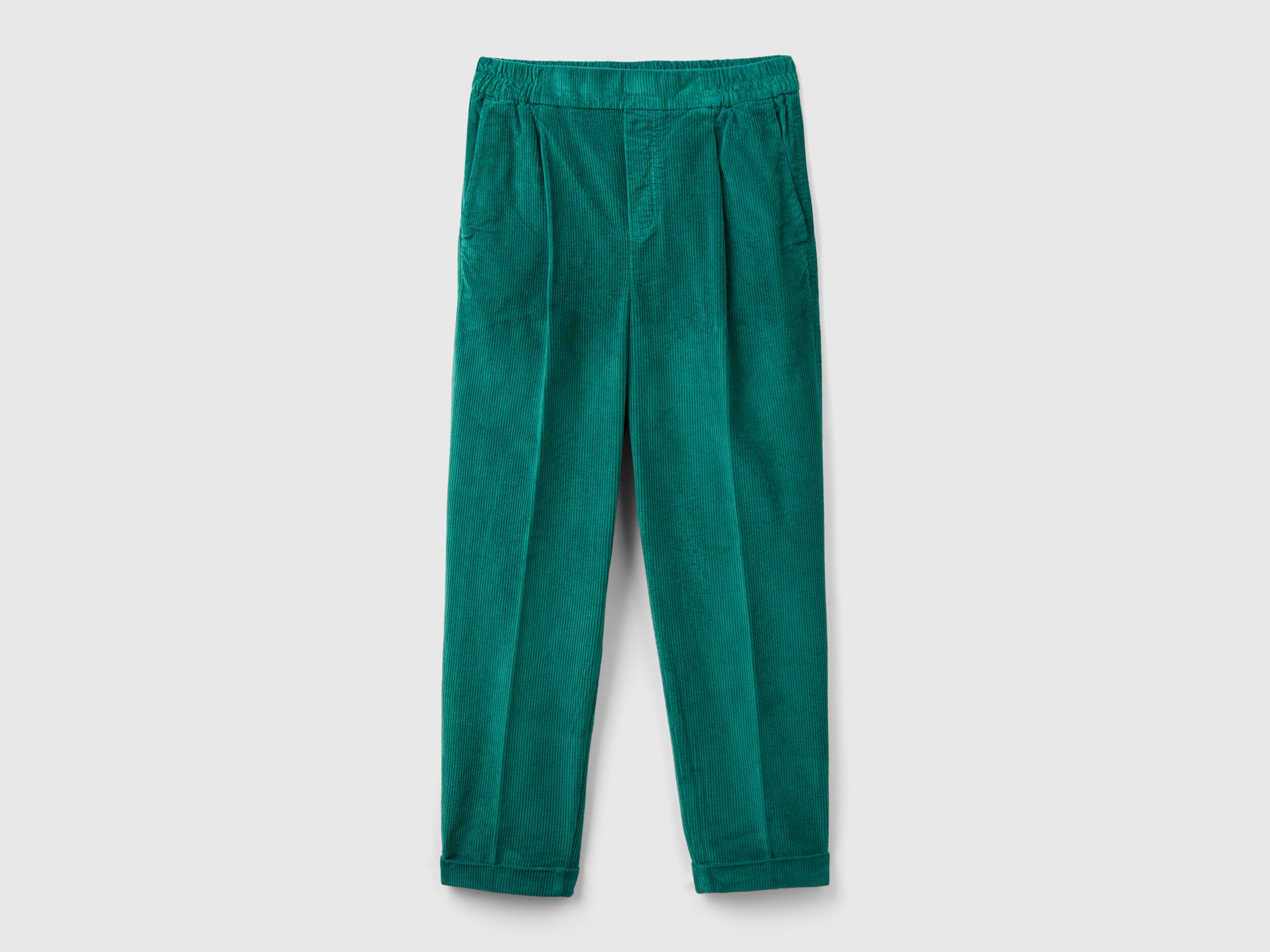 Chinos in velvet with stretch waist - Dark Green | Benetton