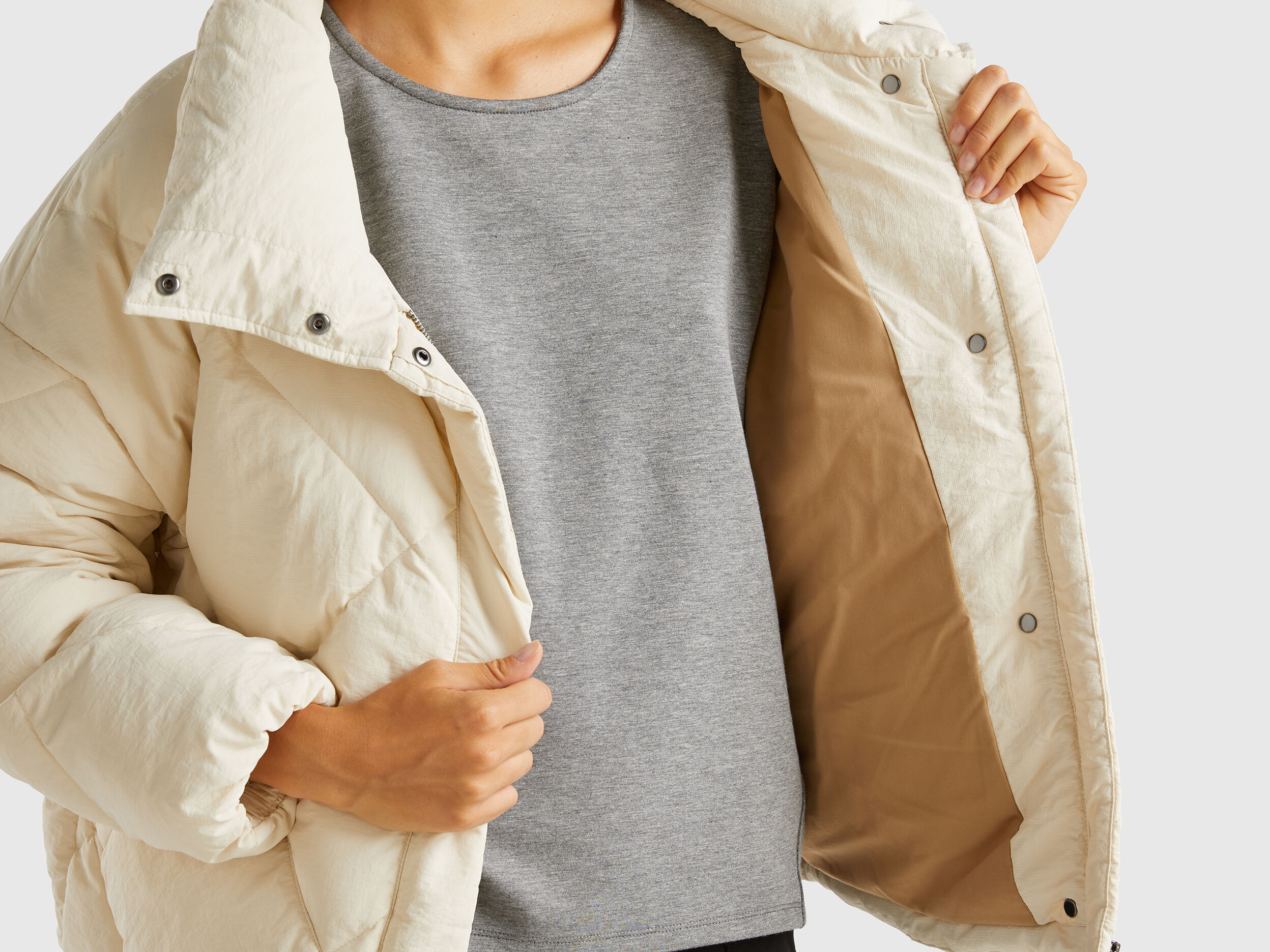 High collar puffer jacket in genuine recycled down - Beige