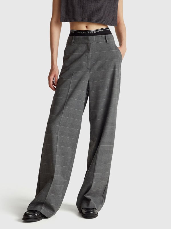 Pantalón ancho de pata de gallo gris Mujer