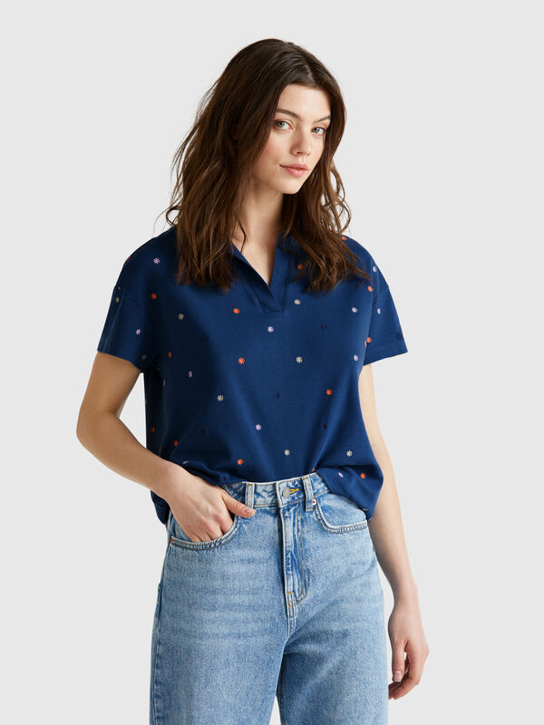 Polo con bordado de flores Mujer