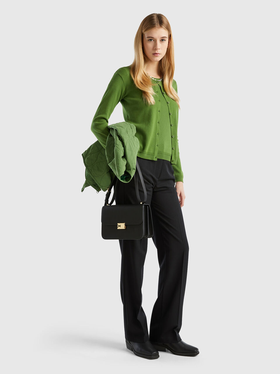 Crew neck cardigan in pure cotton - Military Green | Benetton
