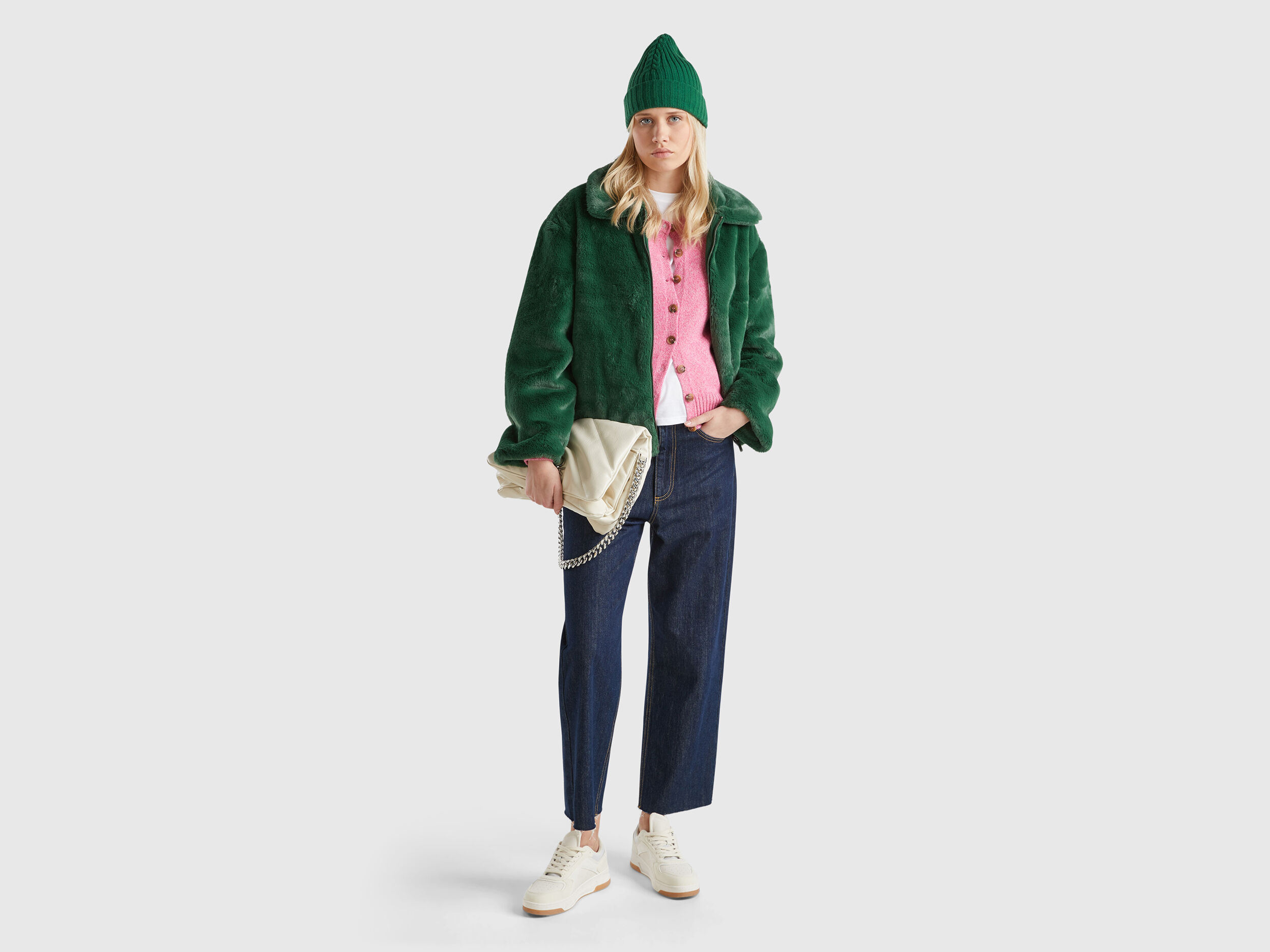 Jacket in faux fur - Dark Green | Benetton