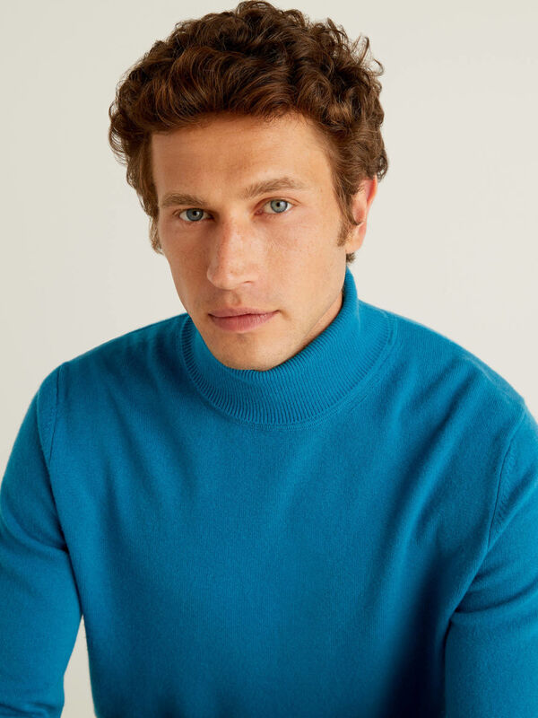 Teal turtleneck sweater in pure Merino wool Men