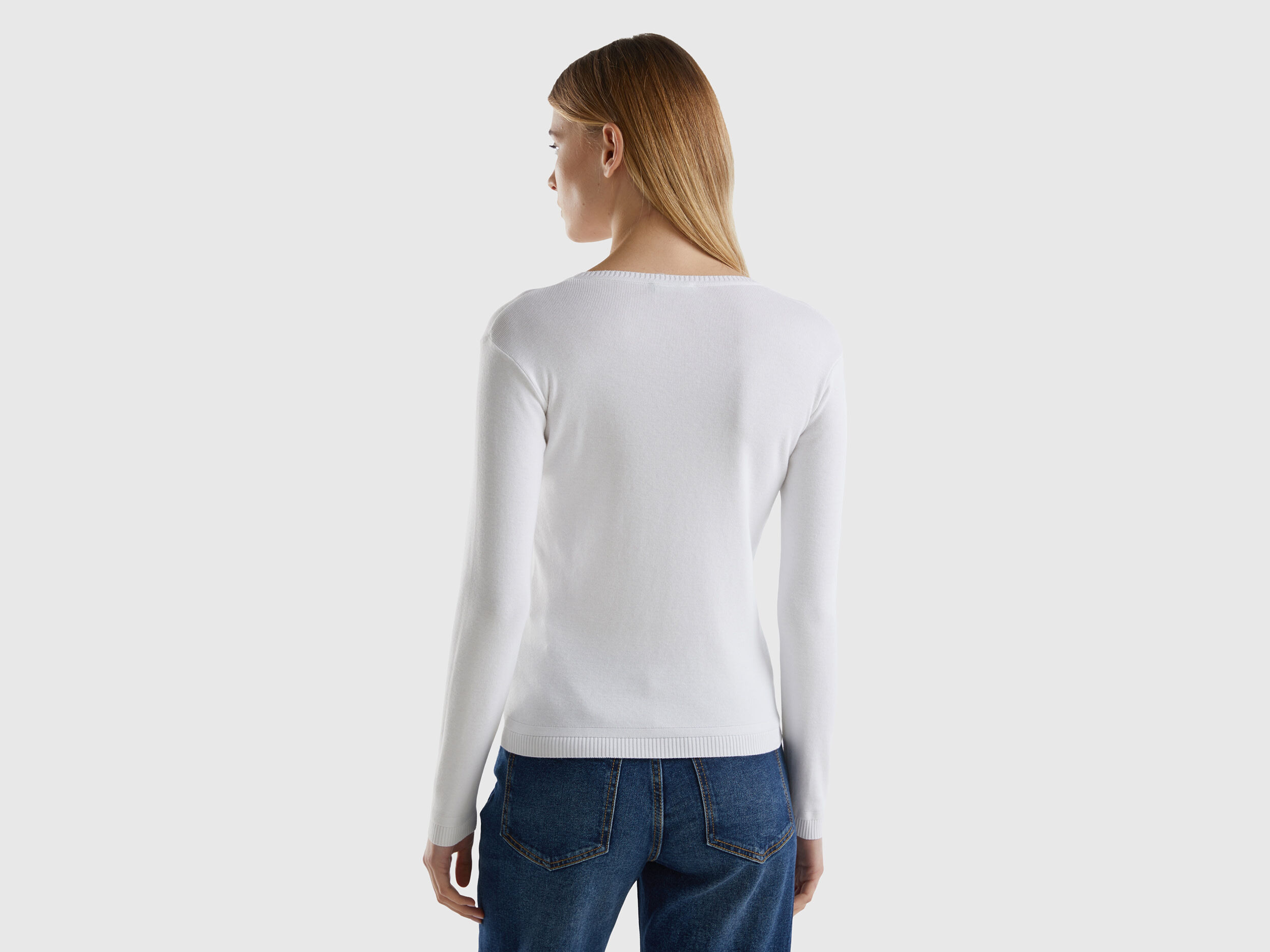 White cotton crew neck sweater women's top
