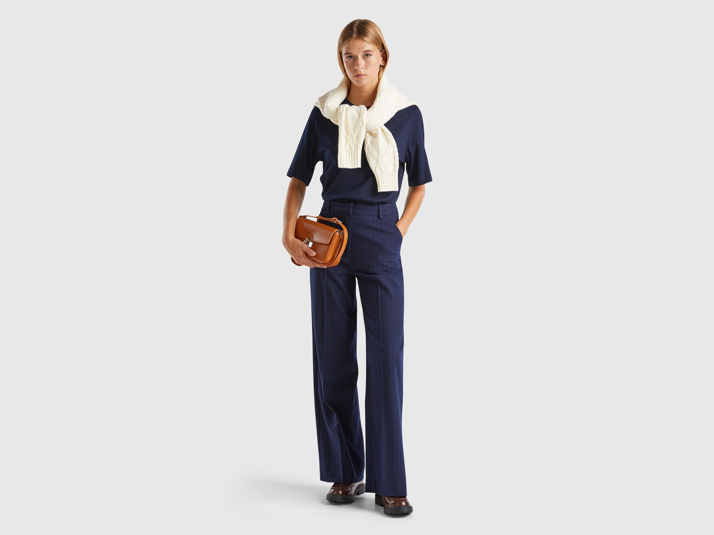 訳あり・アウトレット特集 Pinstripe trousers Benetton | Blue Dark - leg wide with 半袖シャツ
