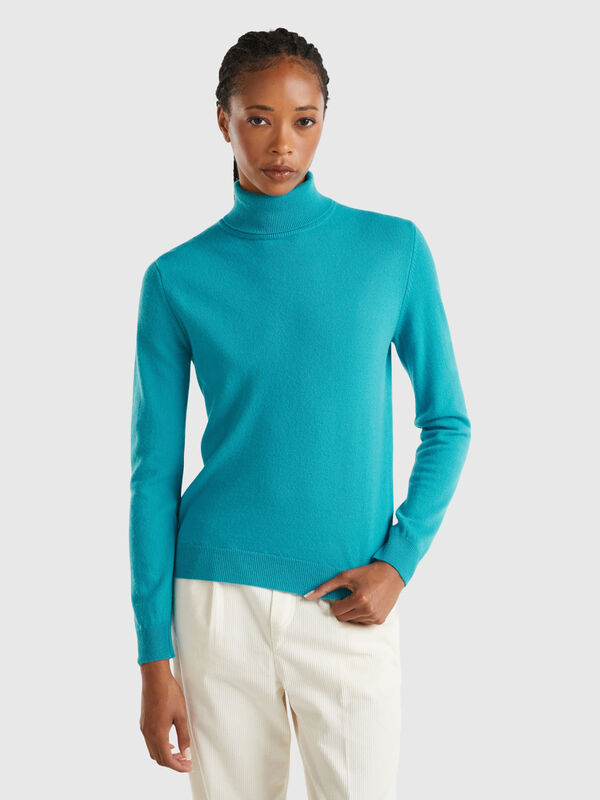 Turquoise turtleneck sweater in pure Merino wool Women