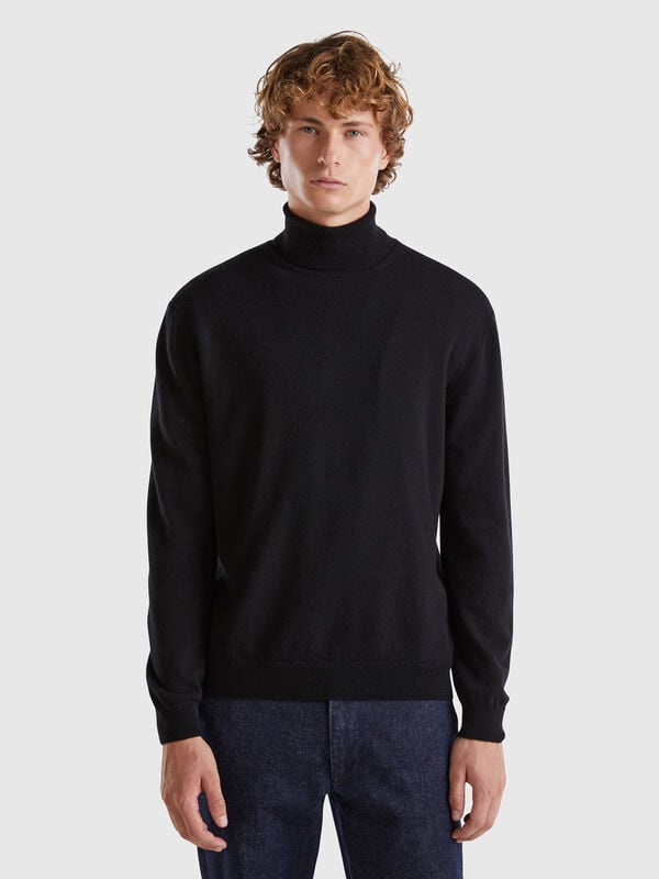 Jersey de cuello cisne negro de pura lana merina Hombre