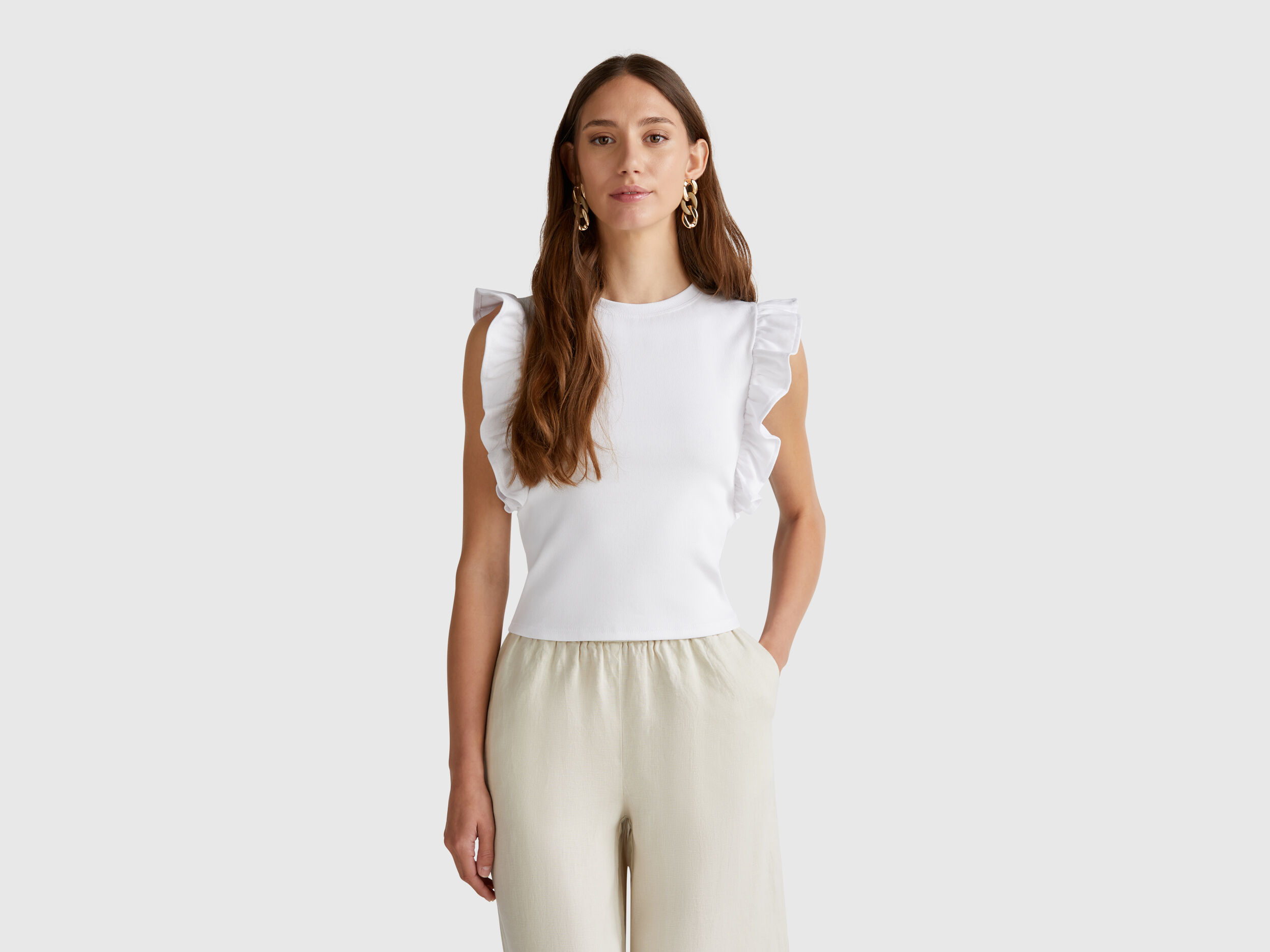 Tシャツ・カットソー RONRON FRILL SHIRRING SLEEVELESS WHITE DOT RR25BSL4266WD Front shirring sleeveless t-shirt -White – Fairliar USA