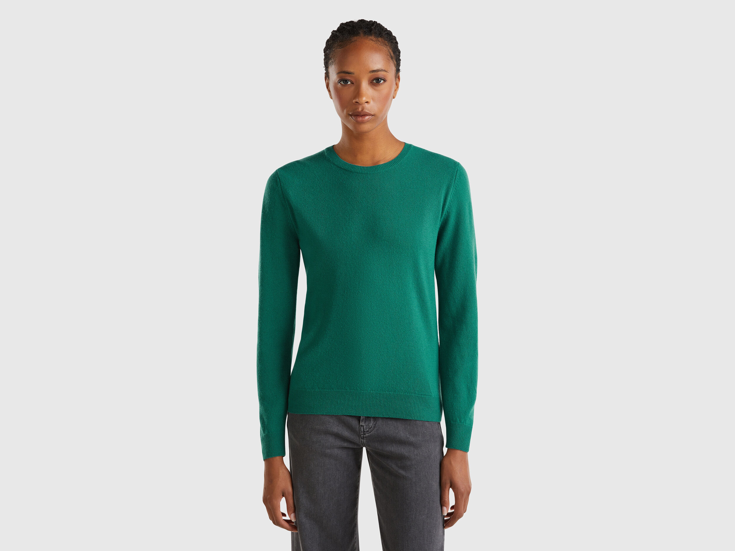 Forest green crew neck sweater in pure Merino wool Dark Green Benetton