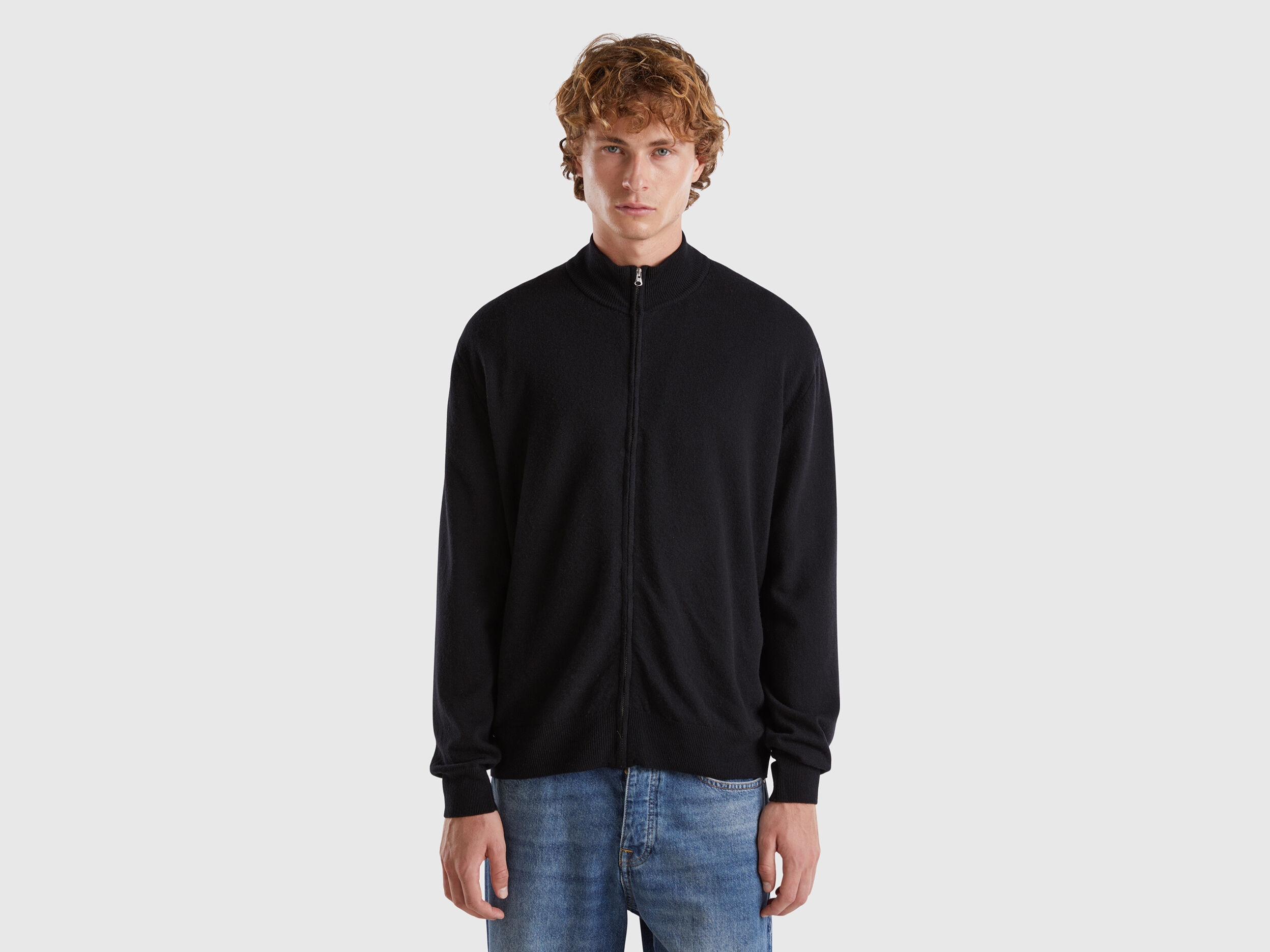 Black zip-up cardigan in pure Merino wool - Black | Benetton