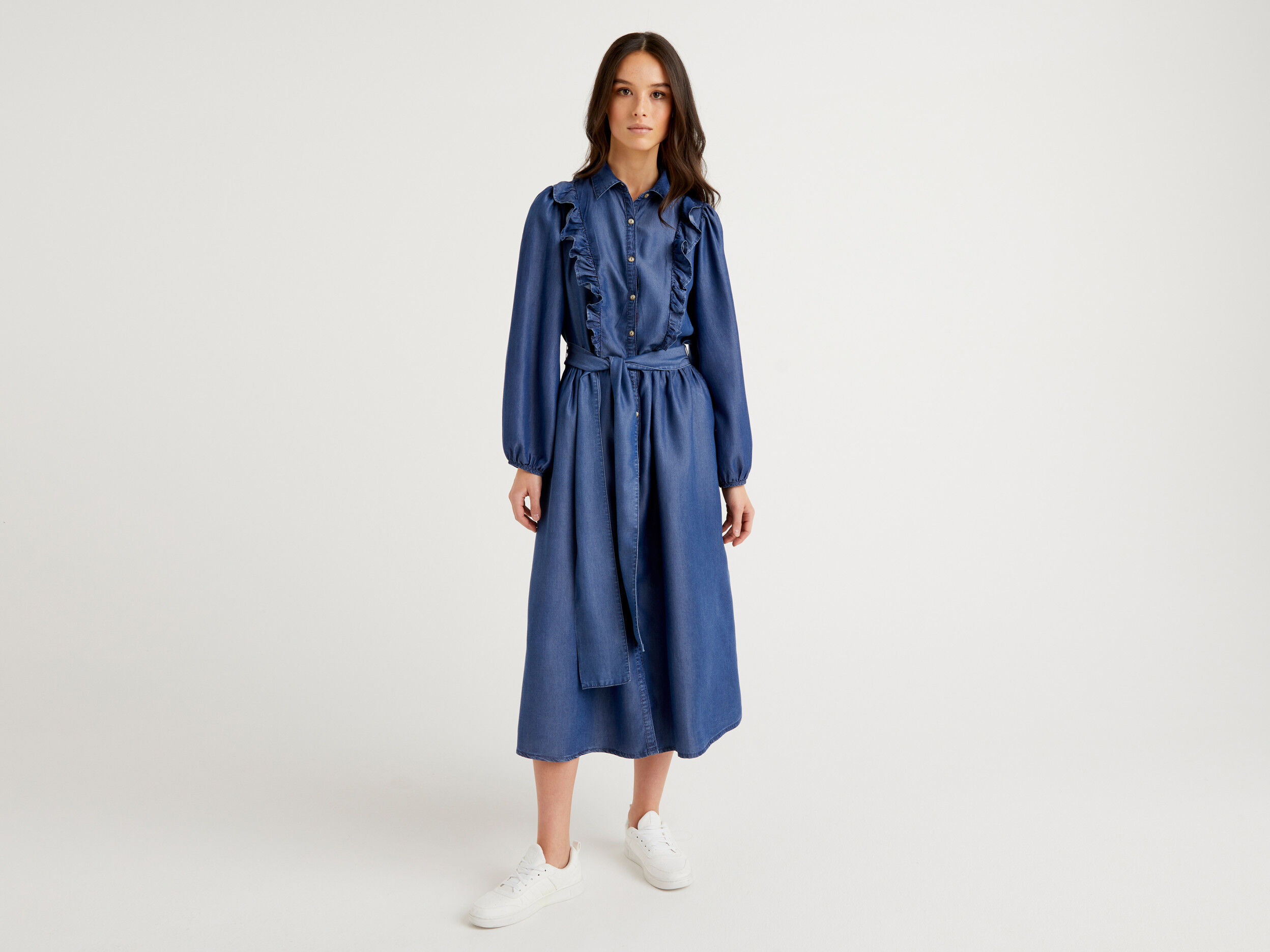 Shirt dress with rouches and belt Blue Benetton