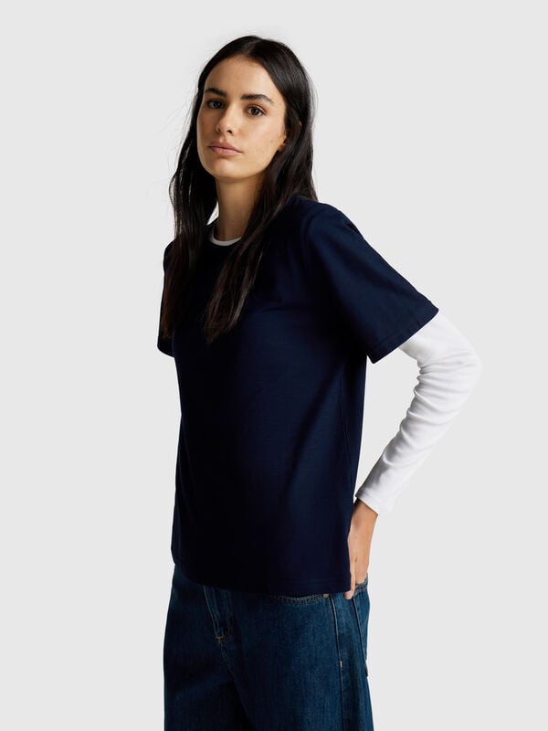 Camiseta de cuello redondo en algodón flameado Mujer