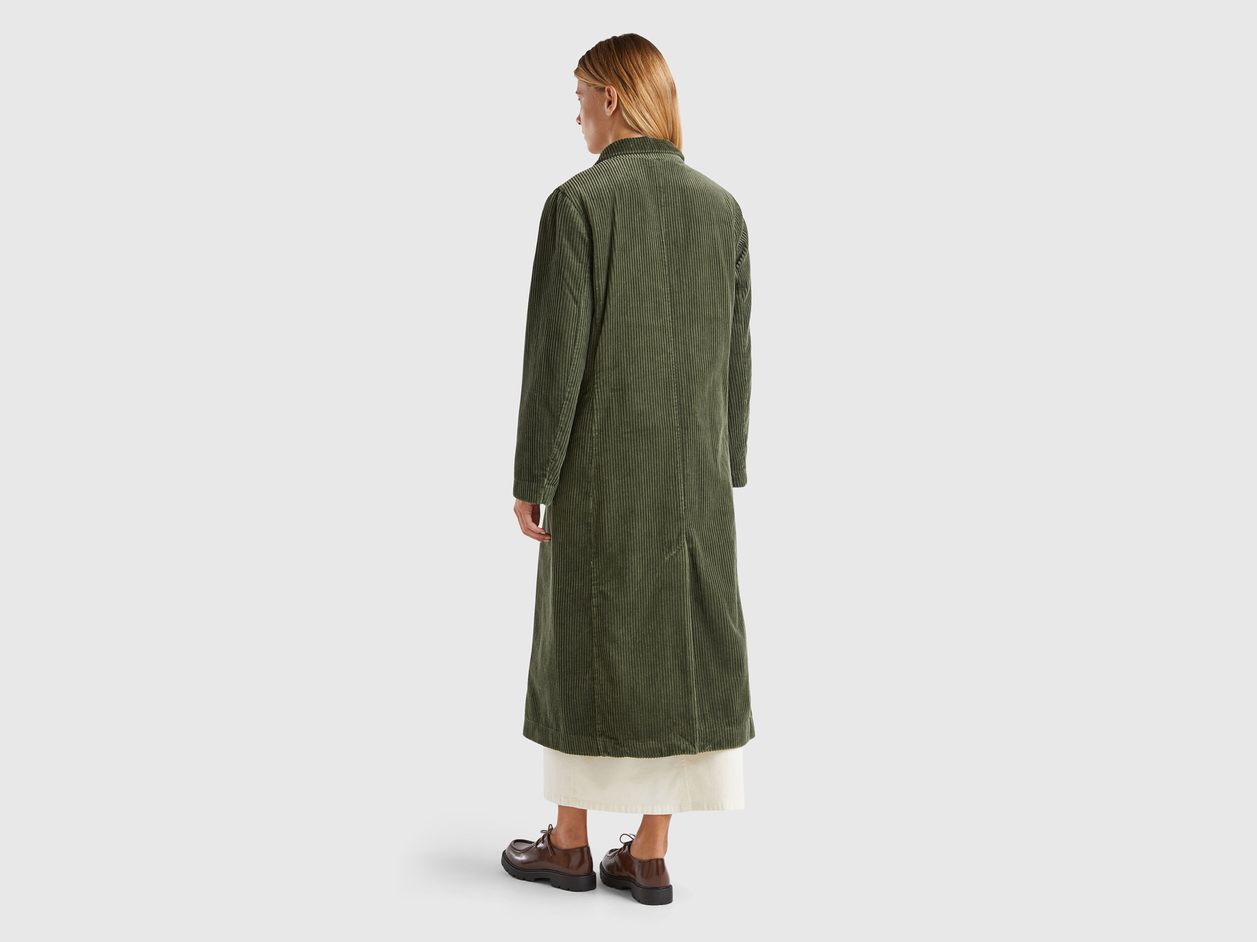 Double-breasted velvet trench coat - Military Green | Benetton
