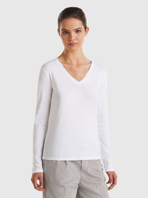 Camiseta de manga larga con cuello en V Mujer