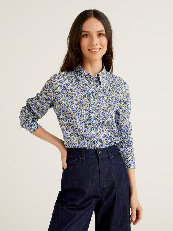Camisa azul floral de 100 % algodón Mujer