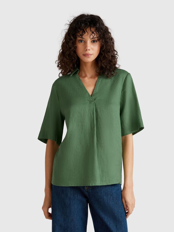 Blusa de manga corta en puro lino Mujer
