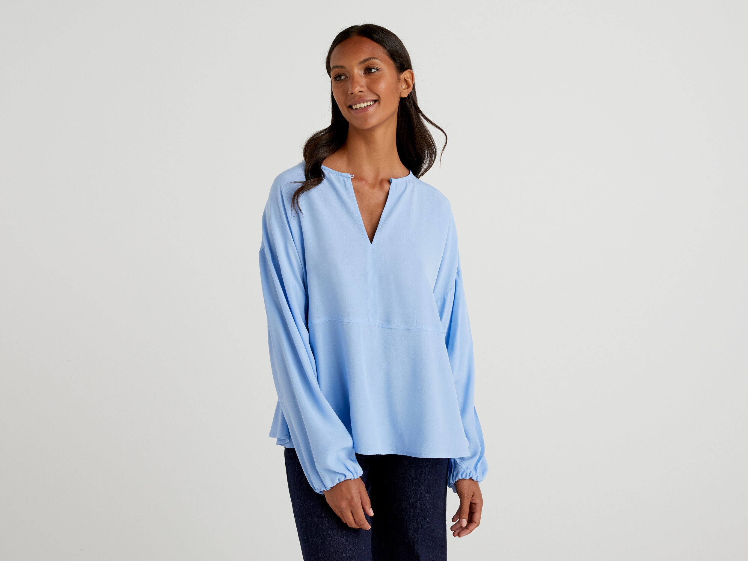 Flowy blouse with frill Light Blue Benetton