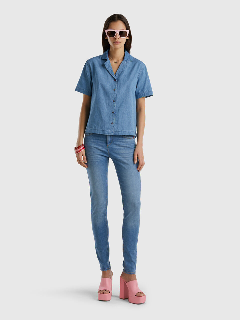 Blouse in chambray Light Blue Benetton