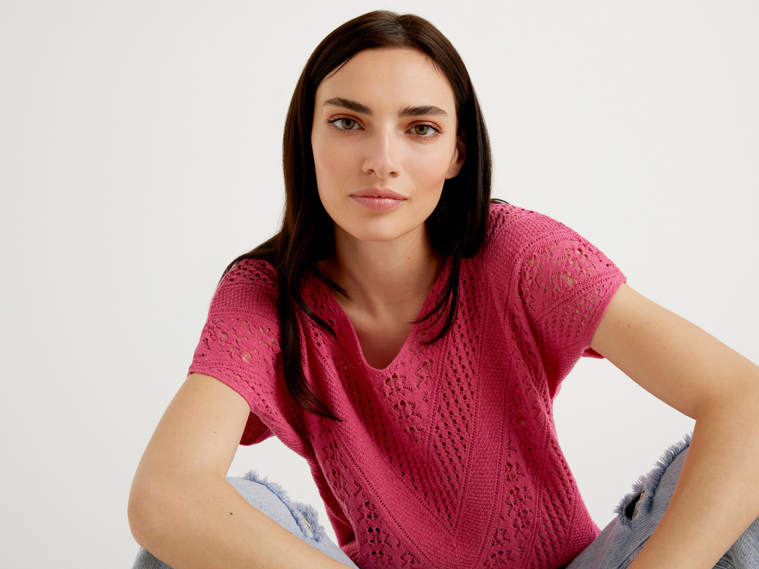 Knit sweater with lace Mauve Benetton