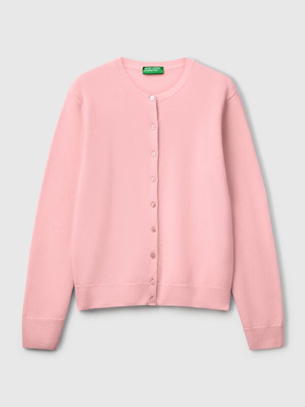 Cárdigan de cuello redondo rosa empolvado en pura lana merino Cárdigan de cuello redondo rosa empolvado en pura lana merino Mujer