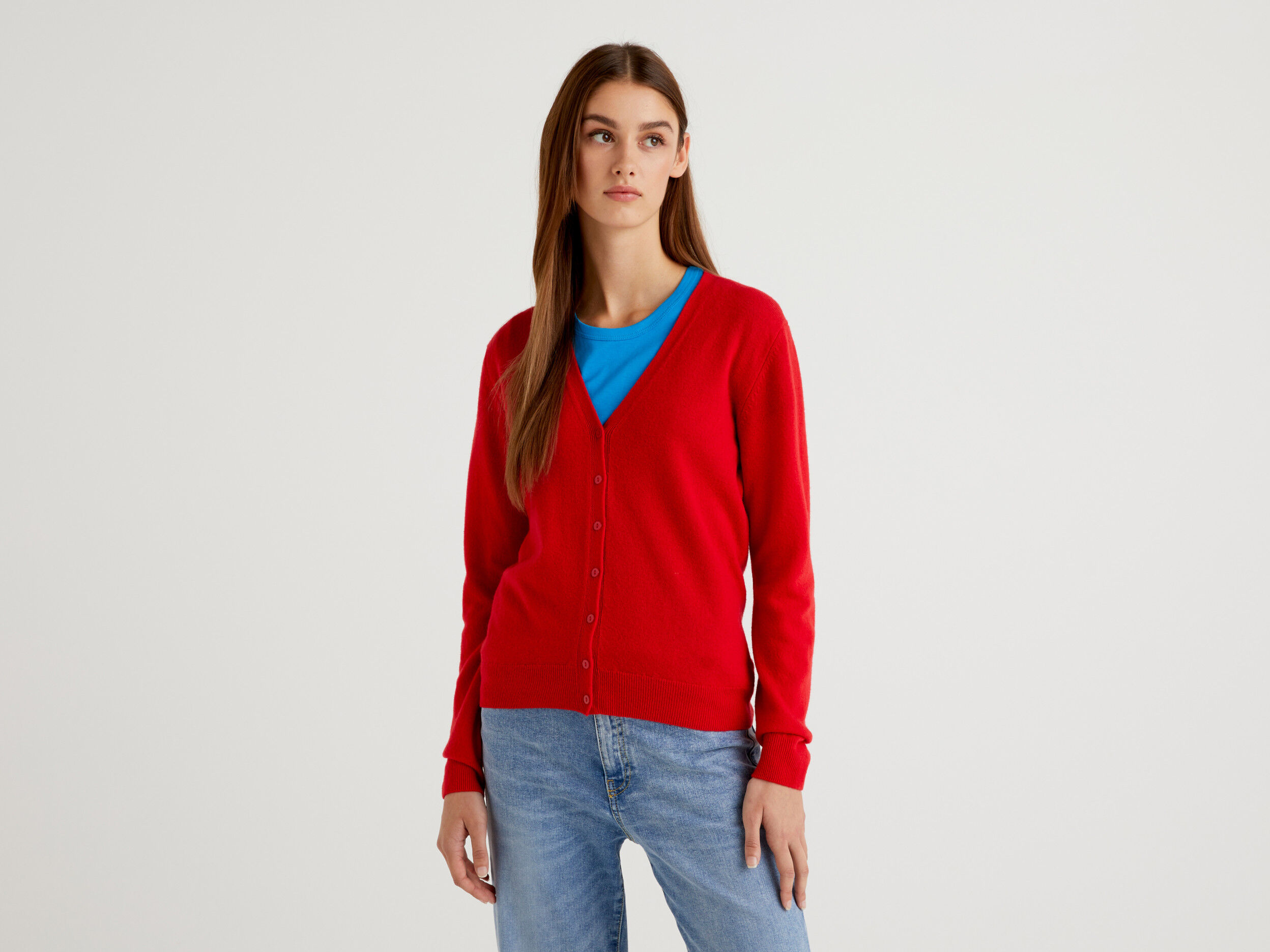 Red V neck cardigan in pure Merino wool Red Benetton