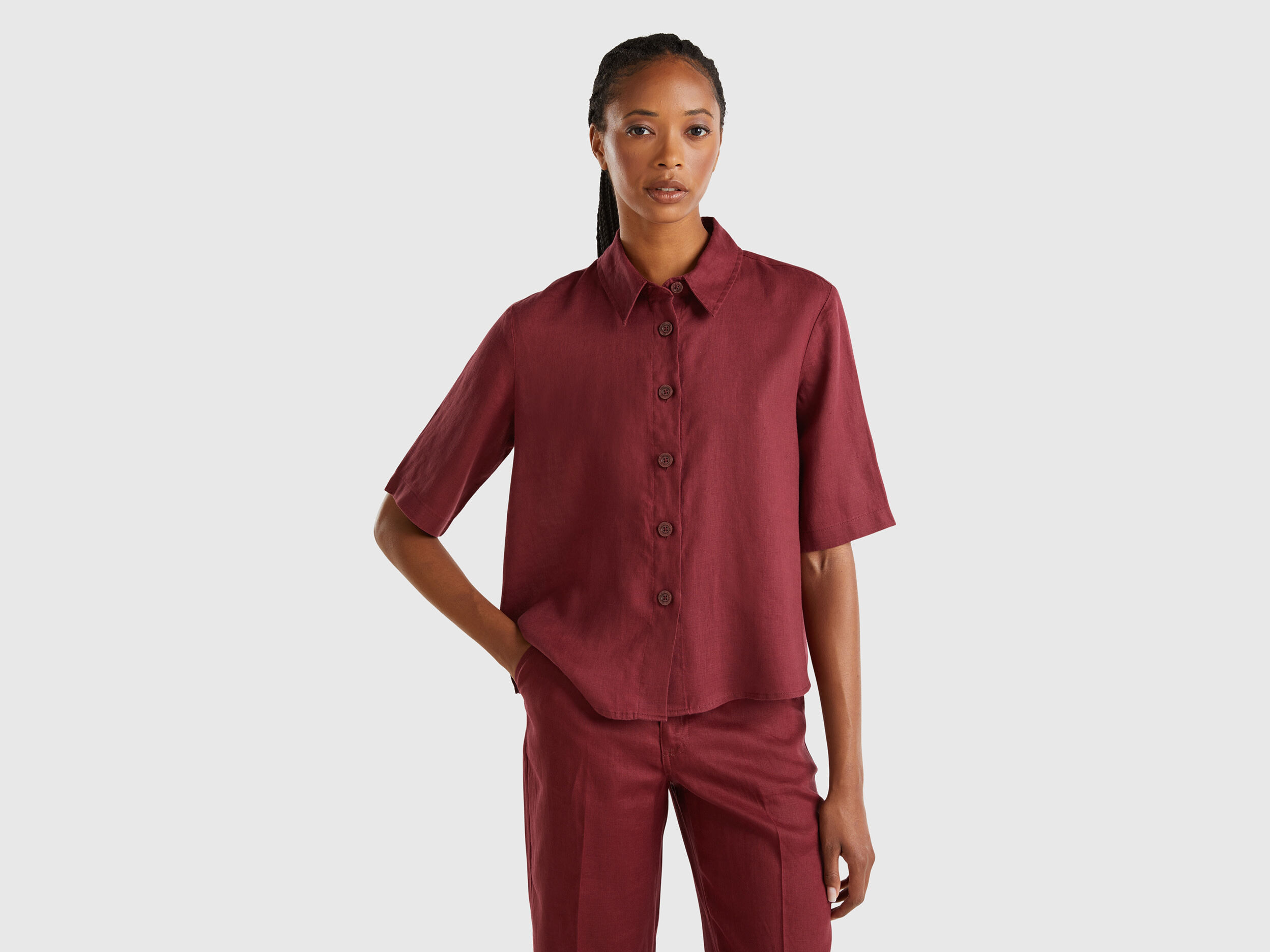 Camisa corta de puro lino Burdeos Benetton