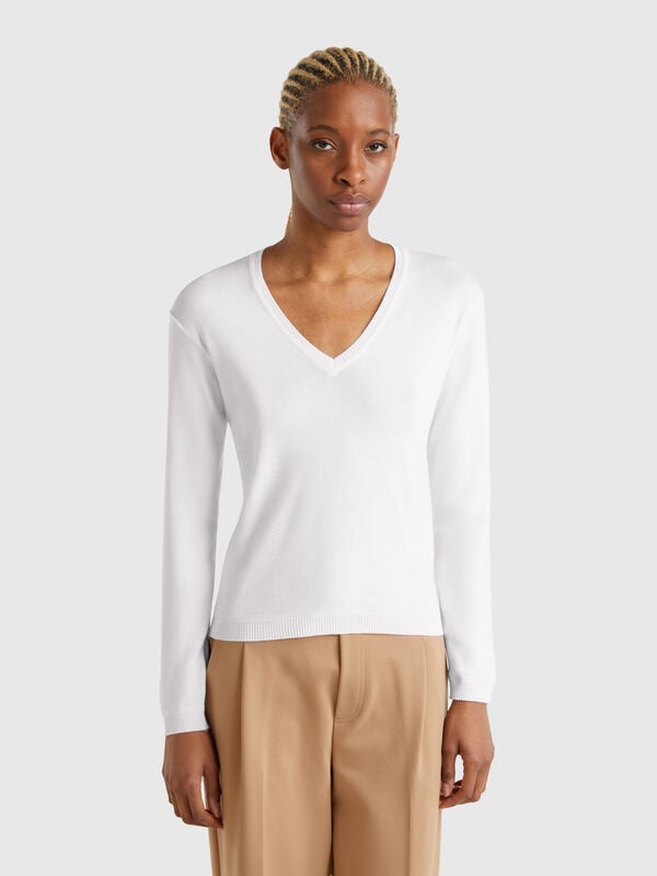 Jersey blanco con escote de pico Mujer