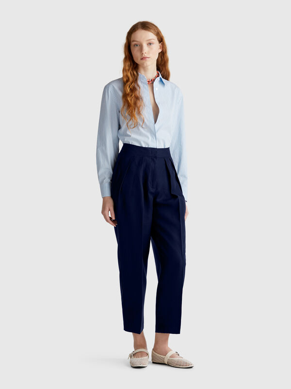 Pantalón ancho mezcla lino Mujer