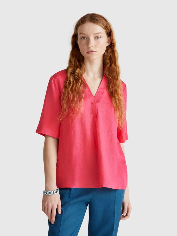 Blusa de manga corta en puro lino Mujer