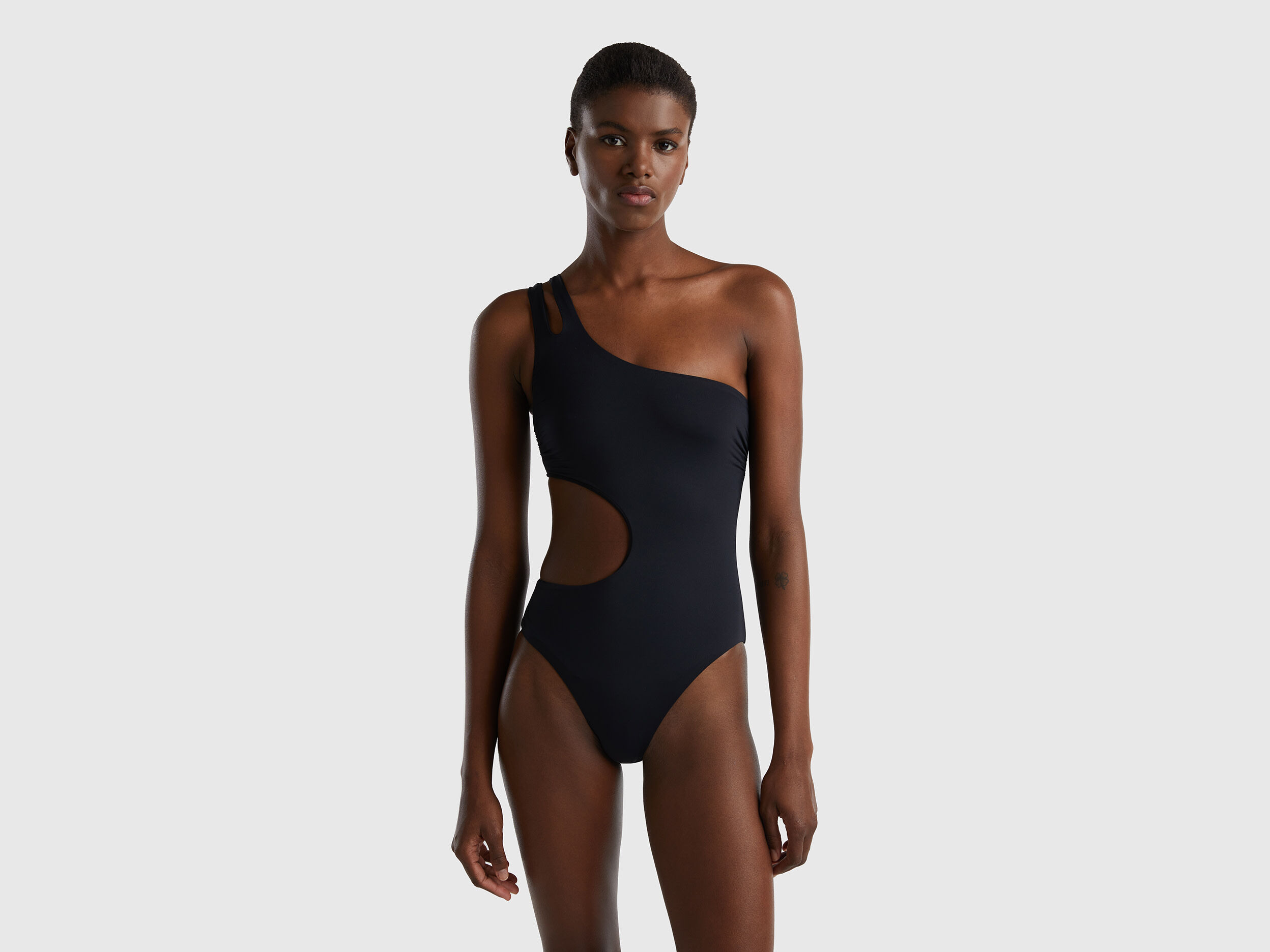 One piece single shoulder swimsuit in ECONYL Black Benetton