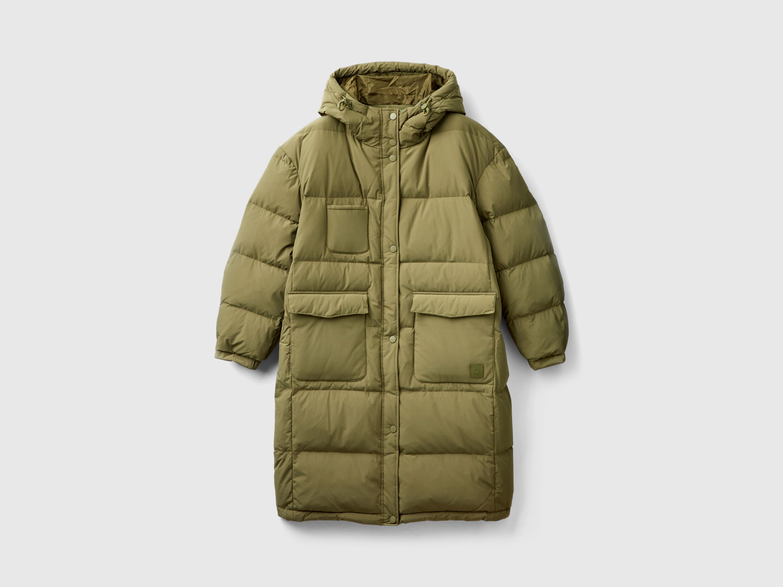 Long puffer jacket with recycled feathers Military Green Benetton