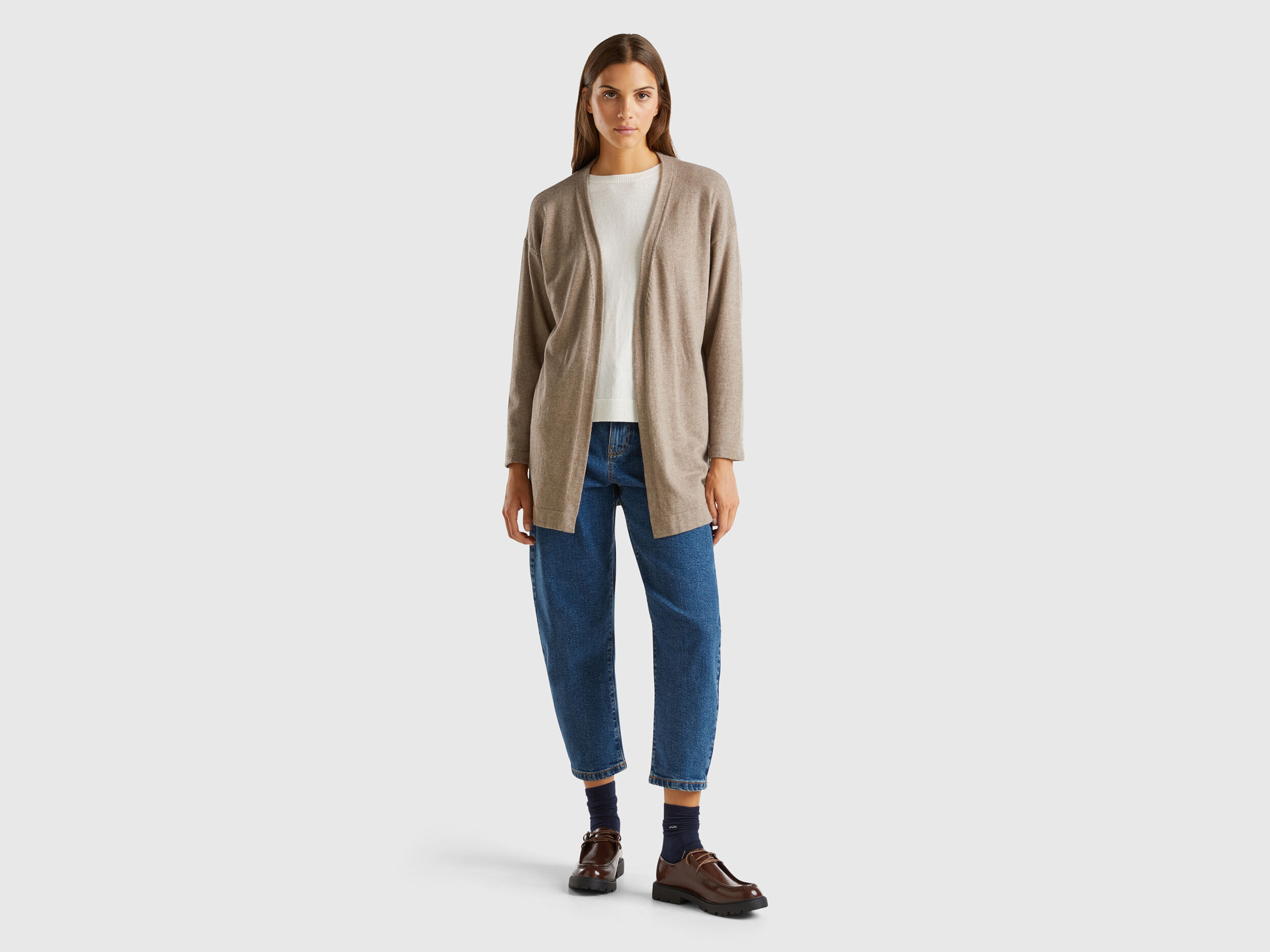 Marl brown open cardigan in wool and cashmere blend - Brown | Benetton