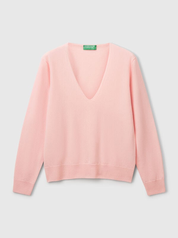 Suéter de cuello en V rosa empolvado en pura lana merino Suéter de cuello en V rosa empolvado en pura lana merino Mujer
