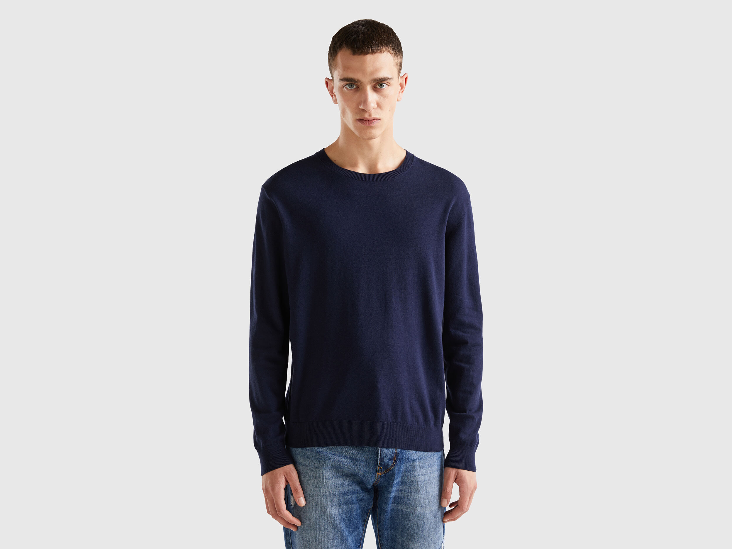 Crew neck sweater in lightweight cotton blend Dark Blue Benetton
