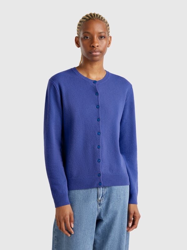 Cornflower blue crew neck cardigan in pure Merino wool Women