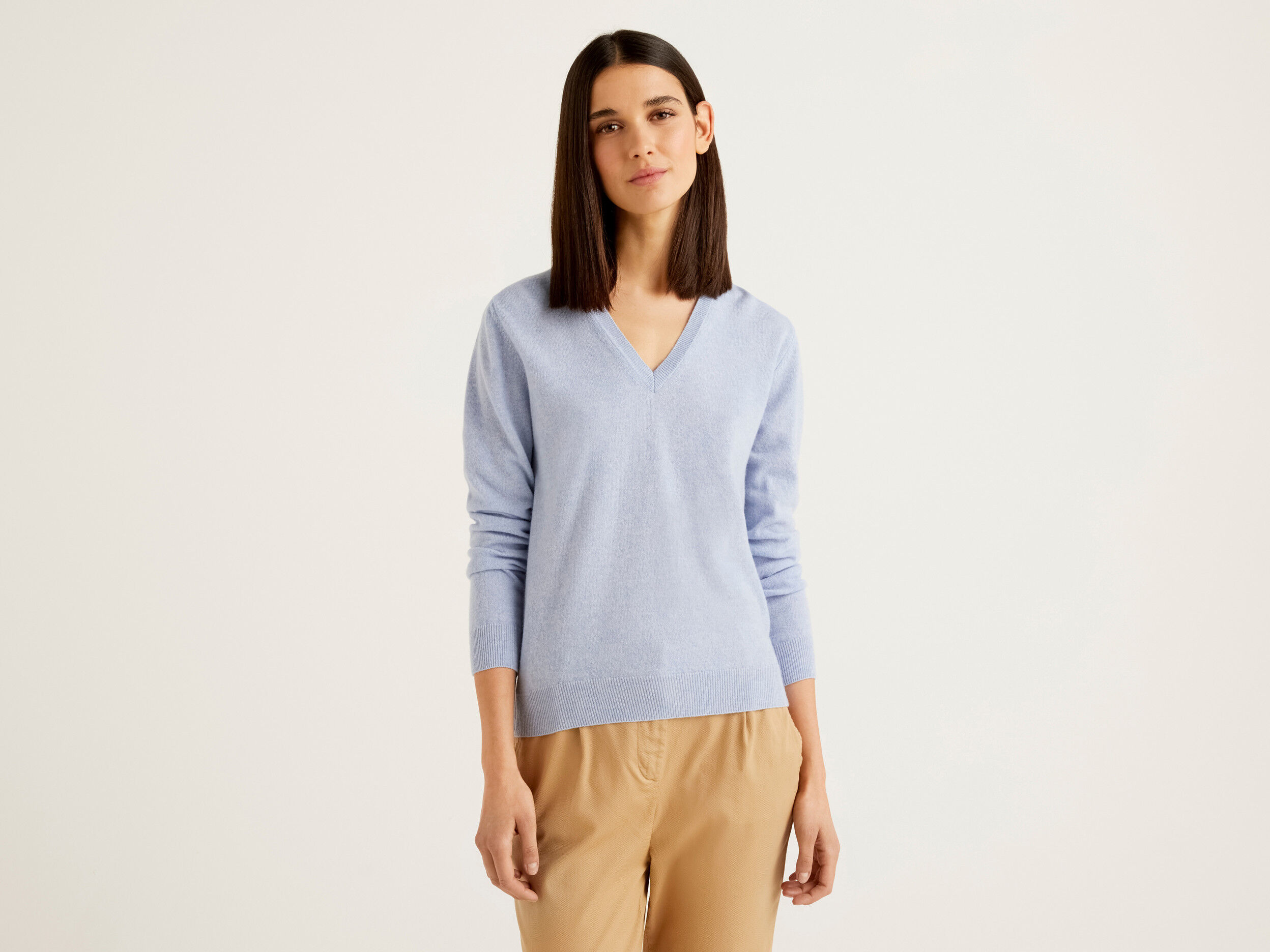 Sky blue V neck sweater in pure Merino wool Sky Blue Benetton