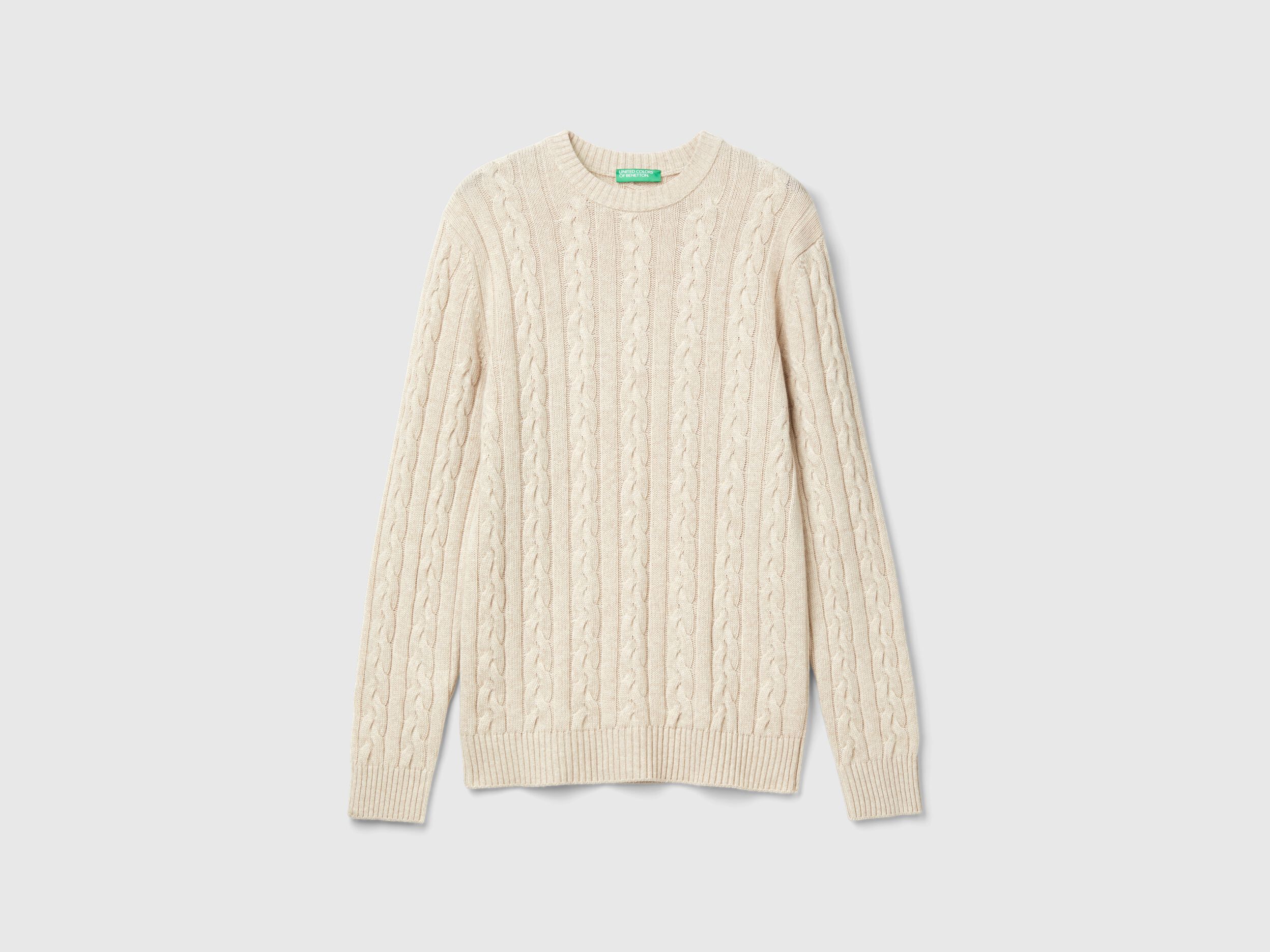 Cable knit sweater in cashmere blend - Creamy White | Benetton