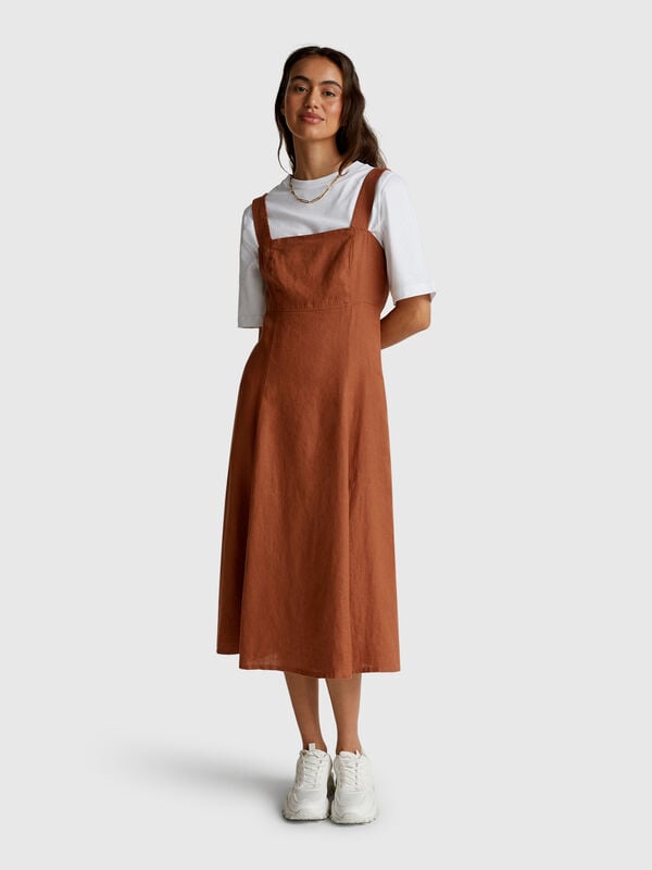 Vestido de escote cuadrado en puro lino Mujer