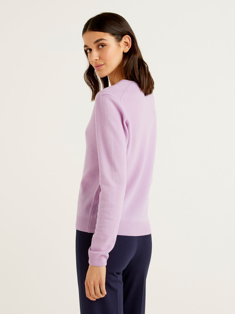 Lilac crew neck sweater in pure Merino wool - Lilac