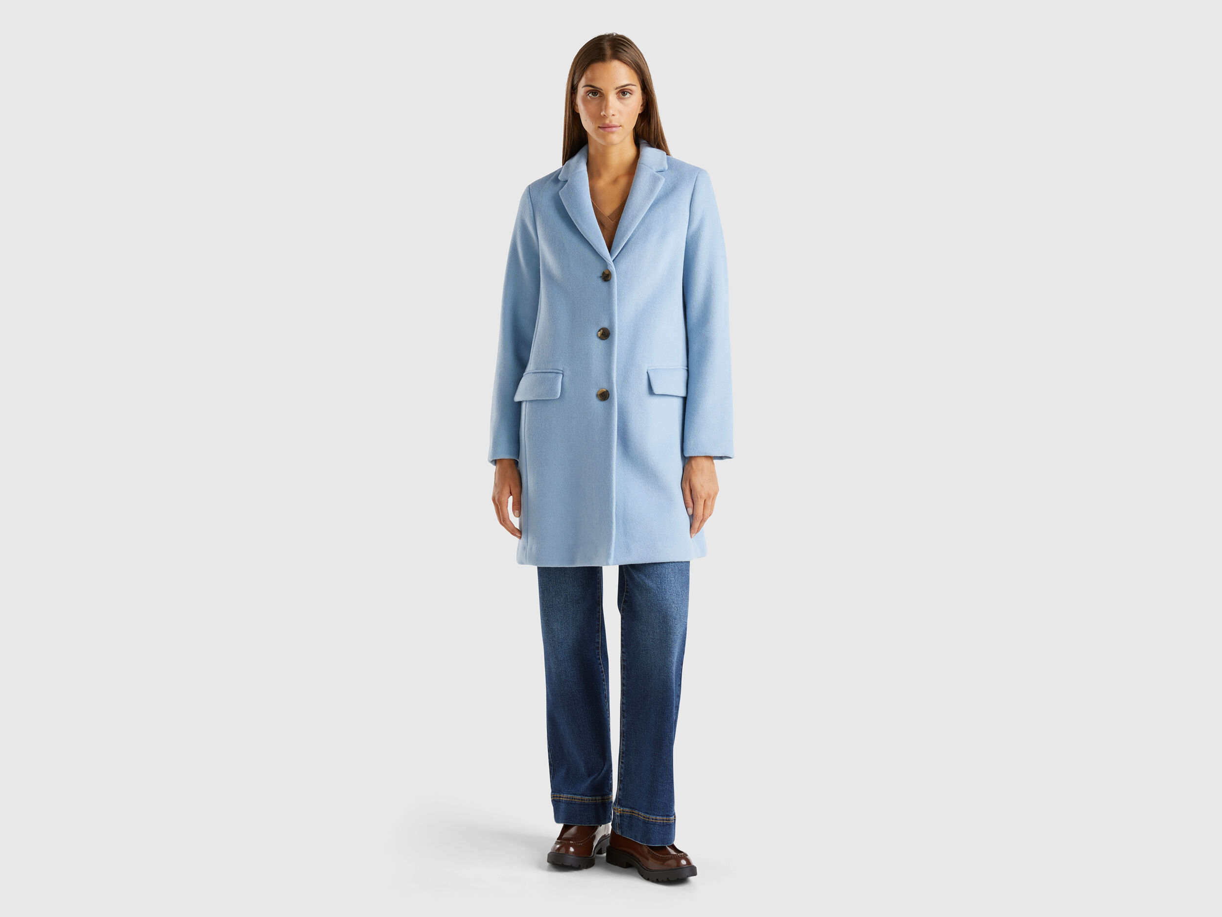 Short coat in wool blend cloth - Light Blue | Benetton Short coat in wool blend cloth - Light Blue | Benetton