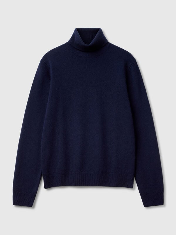 Suéter de cuello alto azul oscuro en pura lana merino Suéter de cuello alto azul oscuro en pura lana merino Mujer