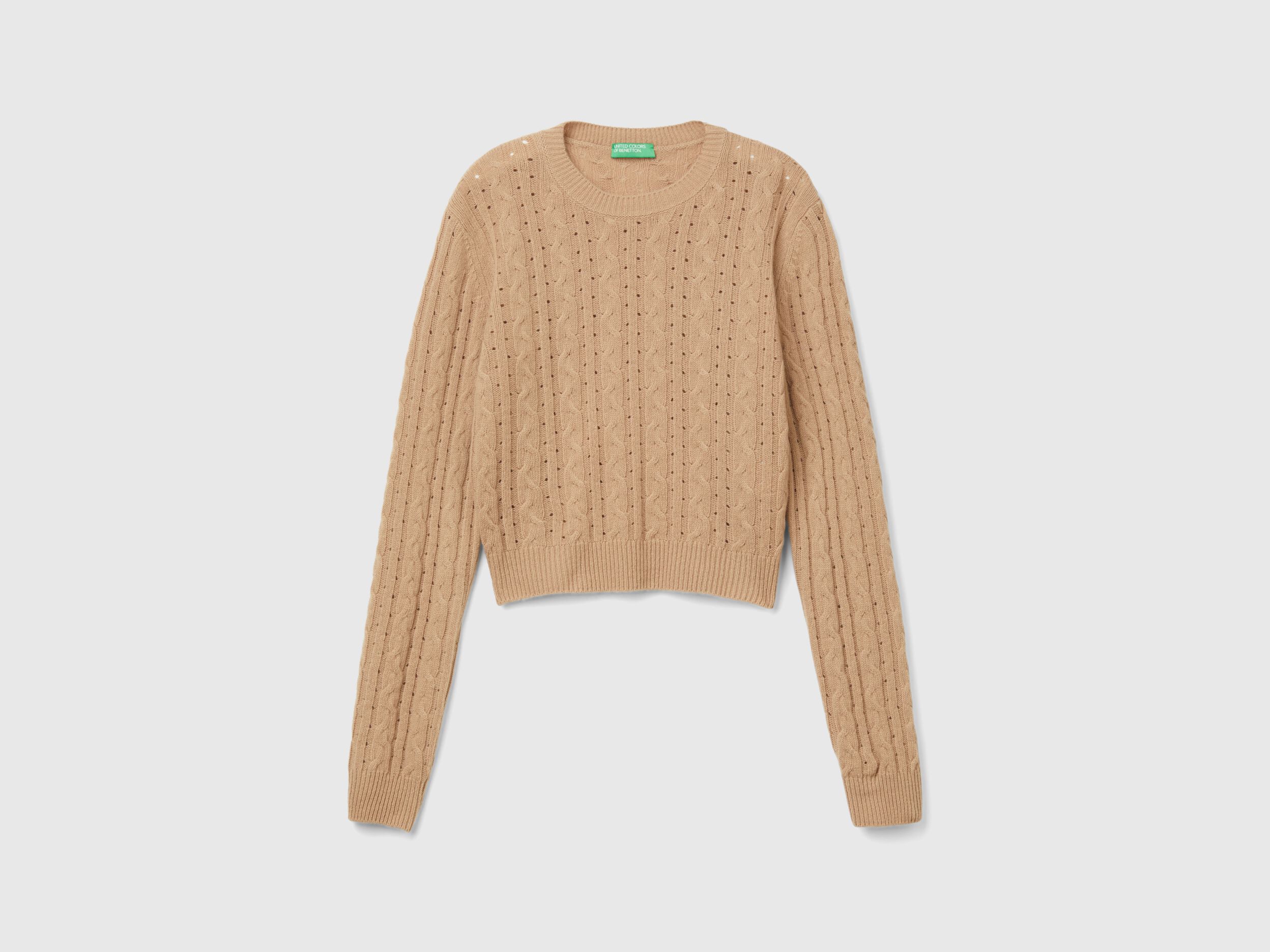 Cropped sweater with cable knit and perforations - Camel Cropped sweater with cable knit and perforations - Camel