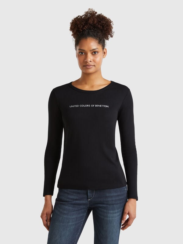 Camiseta azul oscuro de manga larga de 100 % algodón Mujer
