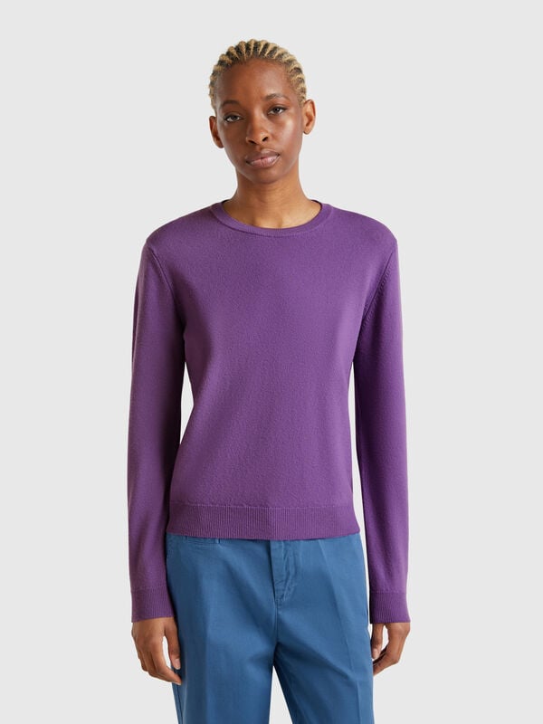 Jersey de cuello redondo morado de lana merina Mujer