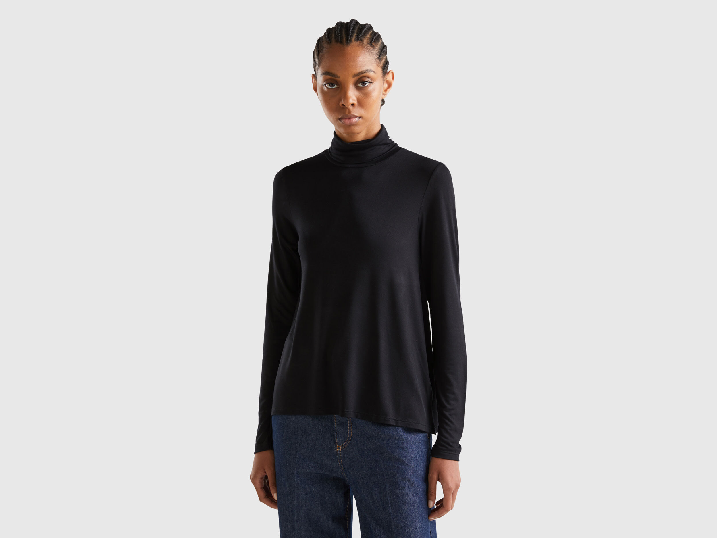 Turtleneck t shirt in sustainable stretch viscose Black Benetton