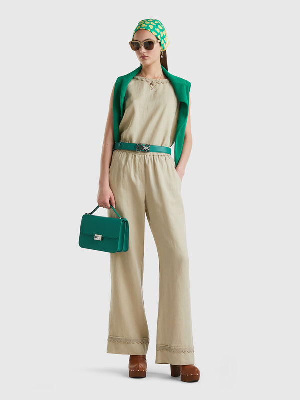 Trousers in pure linen with crochet details Women