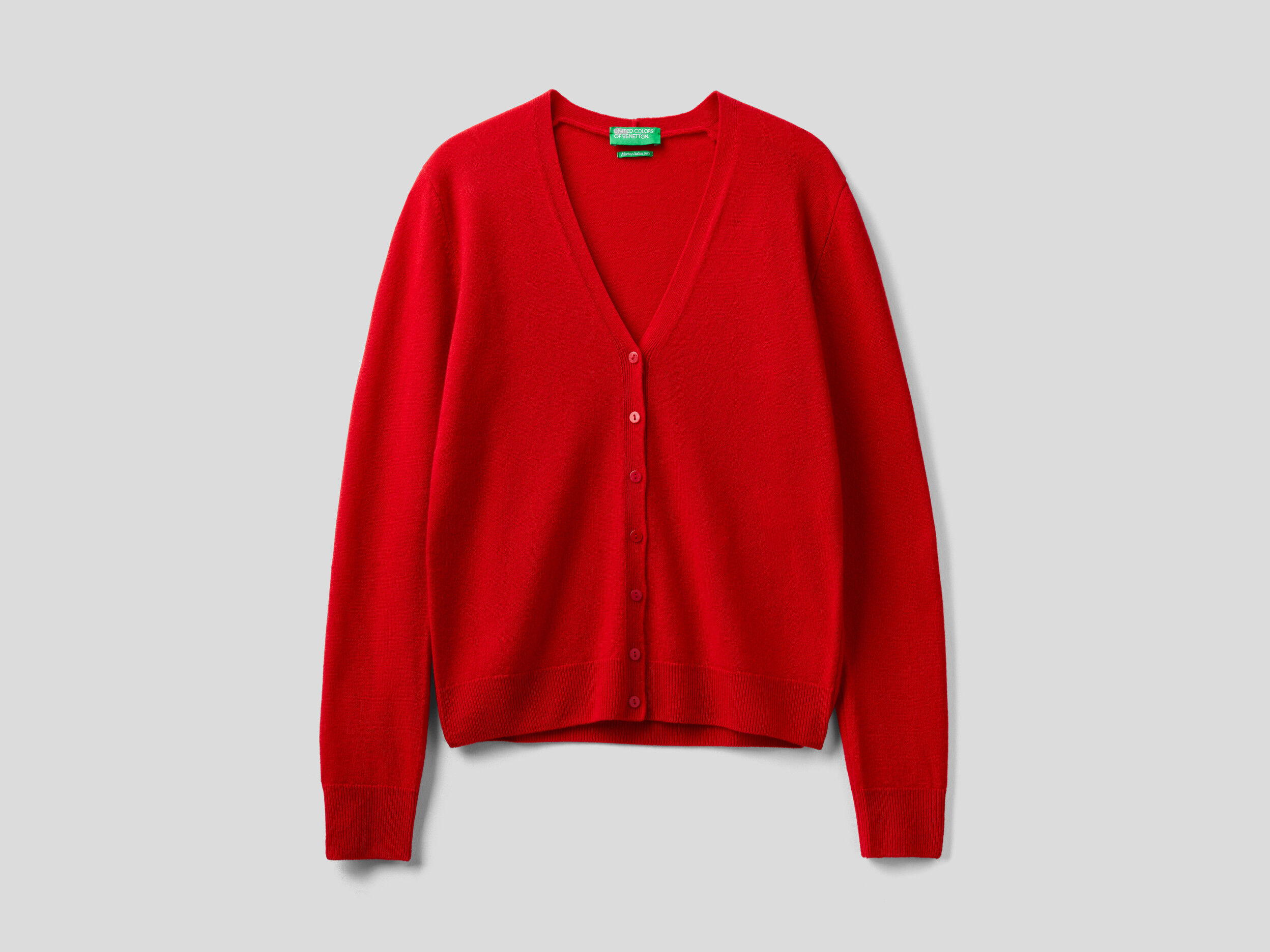 Red V neck cardigan in pure Merino wool Red Benetton