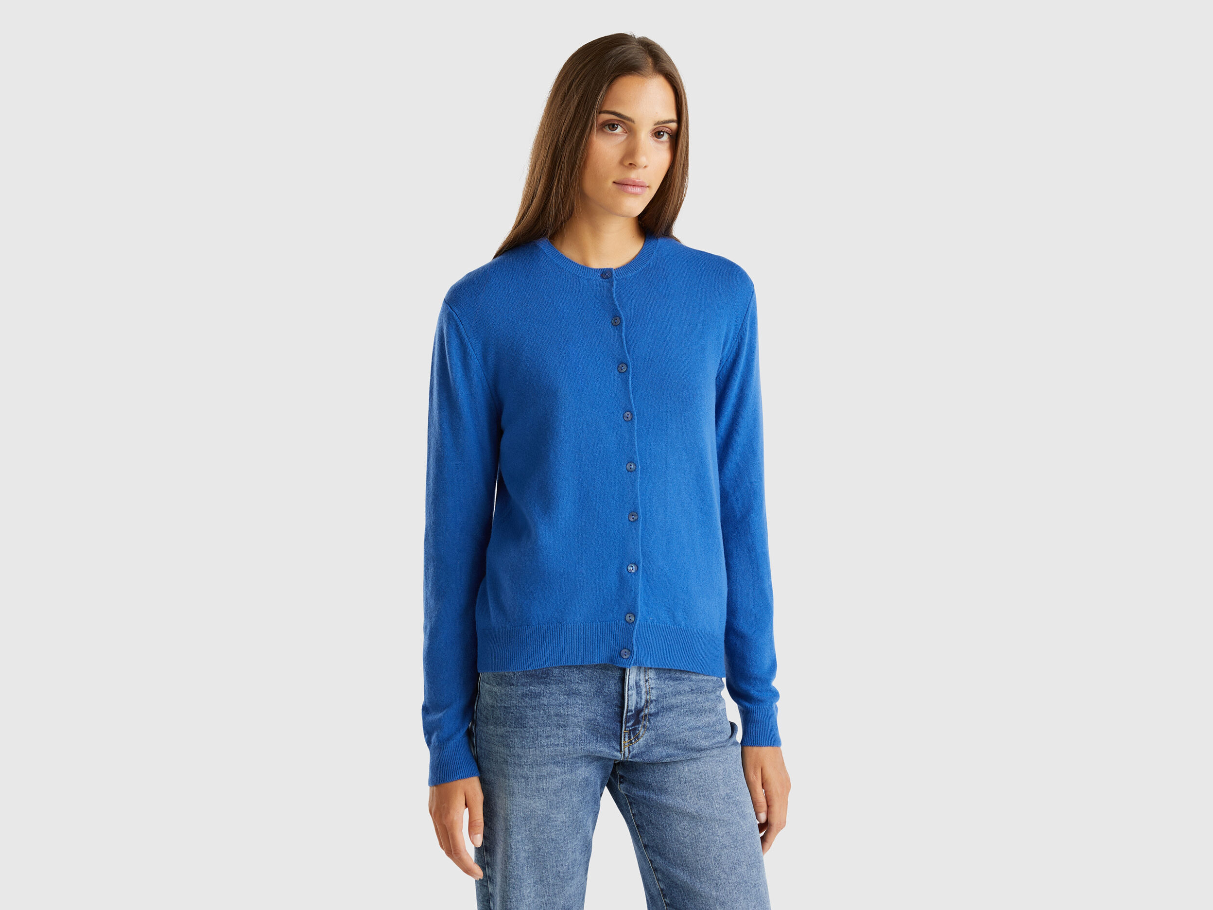 Air force blue crew neck cardigan in pure Merino wool Air Force Blue Benetton